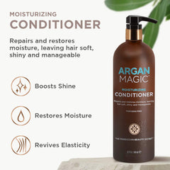 Argan Magic Moisturizing Conditioner vitamin-e label emphasizes moisturizing protection for dry hair