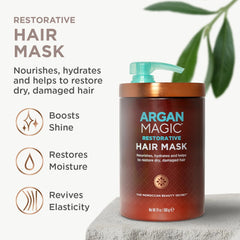 Argan Magic Restorative Hair Mask dispensing scoop, easy to apply for quick conditioning.