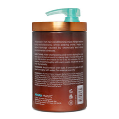 Argan Magic Restorative Hair Mask ingredients with argan oil drizzle, antioxidant-rich care.