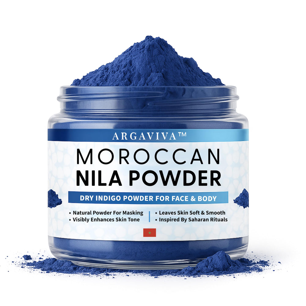 Argaviva Moroccan Nila Powder packaging highlights plant-based blue clay for gentle skincare
