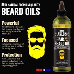 Arlo's Pro-Growth oil massaged into beard and hair for renewal.