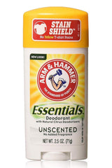 Arm & Hammer Essentials Unscented deodorant packaging closeup for fragrance-free use