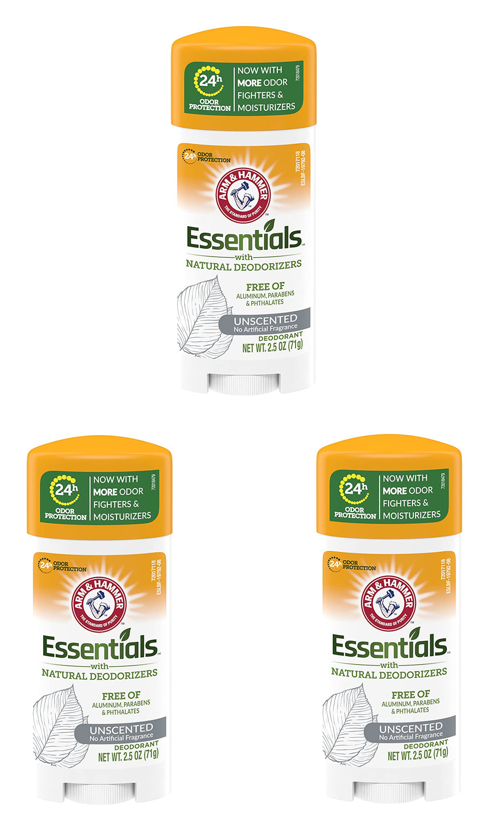 Arm & Hammer Essentials Unscented Deodorant Stick shows aluminum-free daily odor protection.
