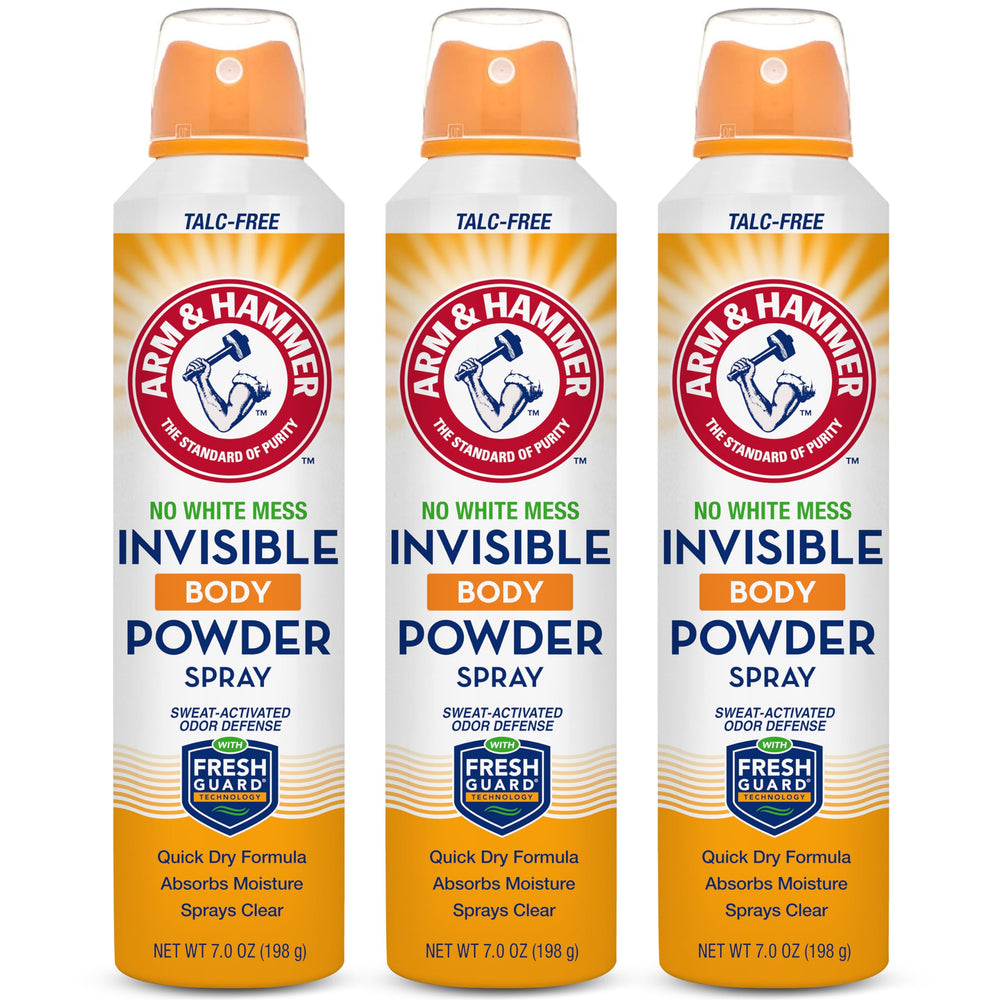 Arm & Hammer Invisible Body Powder Spray bottle closeup showing talc-free, clear-drying formula.