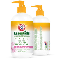 Arm & Hammer liquid hand soap bottle close-up shows rose scent for refreshing cleansing.