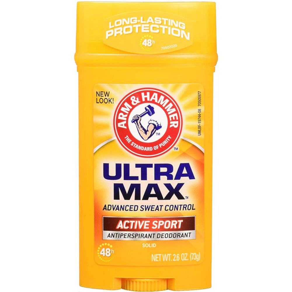 Arm & Hammer Ultramax Active Sport solid antiperspirant 4-pack front view, reliable protection for workouts.