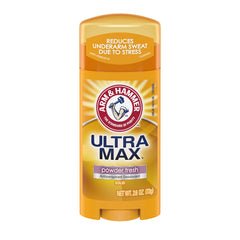 Arm & Hammer Ultramax anti-perspirant solid powder fresh packaging close-up for all-day protection.
