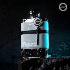 Armaf Blue Homme EDT bottle close-up shows citrus and herbal notes.