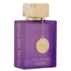Armaf Club De Nuit Maleka bottle closeup emphasizes delicate glass and glow.