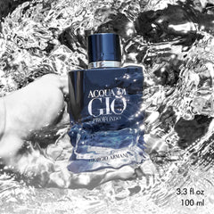 Close-up of Acqua di Giò Profondo's blue cap embossed with Armani monogram.