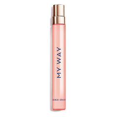 Armani Beauty My Way Ylang bottle closeup shows vibrant coral bottle for daytime scent diffusion.