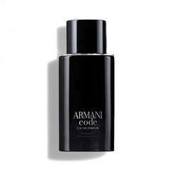 Armani Code EDP bottle in black and silver signals sleek masculine style.