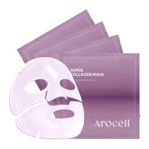 AROCELL Super Collagen Mask packaging shows four sheets for overnight hydration and elasticity.