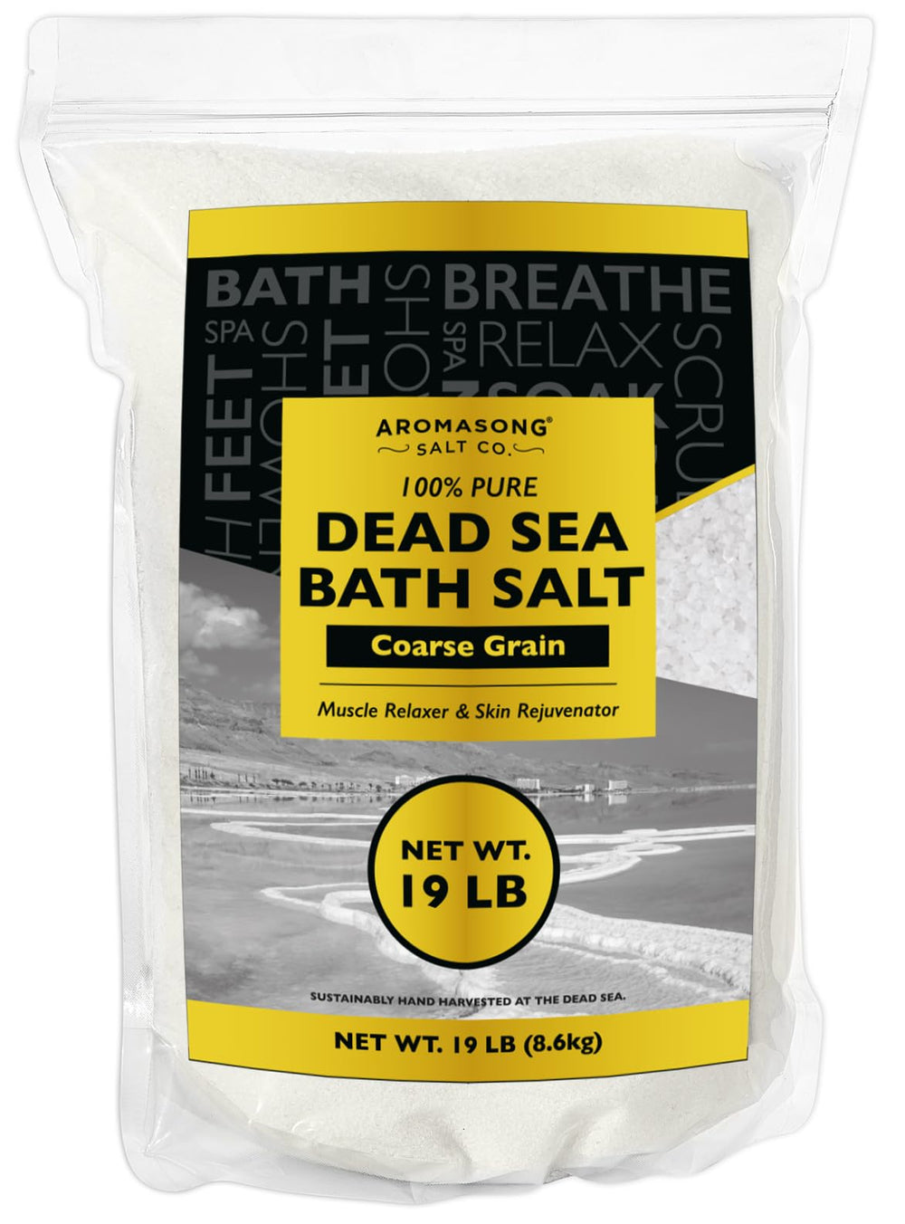 Aromasong Dead Sea Salt coarse-grain bath pack-seal for easy reseal and storage.