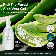 AROMATICA aloe vera gel applied to hands for cooling relief and hydration.