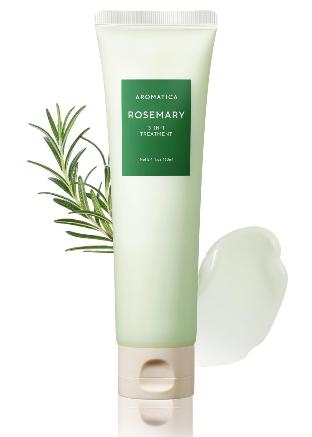 AROMATICA Rosemary 3-in-1 Hair Treatment packaging highlights plant-based nourishment for dry hair.