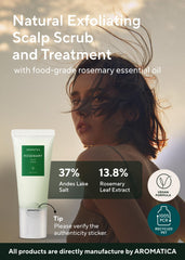AROMATICA Rosemary Oil bottle shows natural ingredients for calming scalp care.
