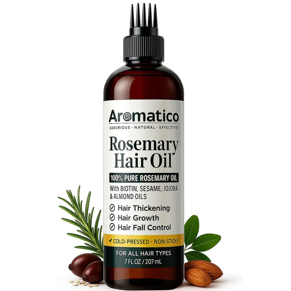 Aromatico rosemary oil bottle with applicator cap for precise scalp application.