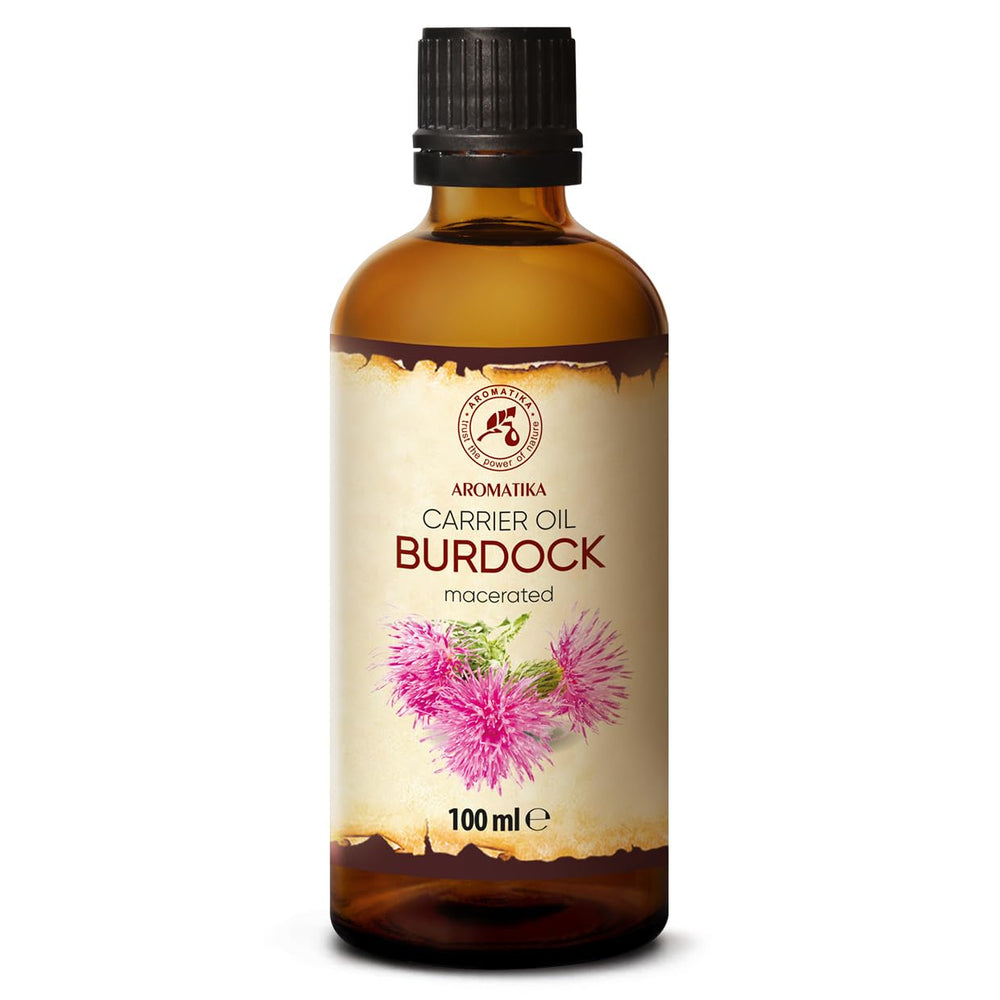 AROMATIKA Burdock Root Oil bottle for skin and hair nourishment.