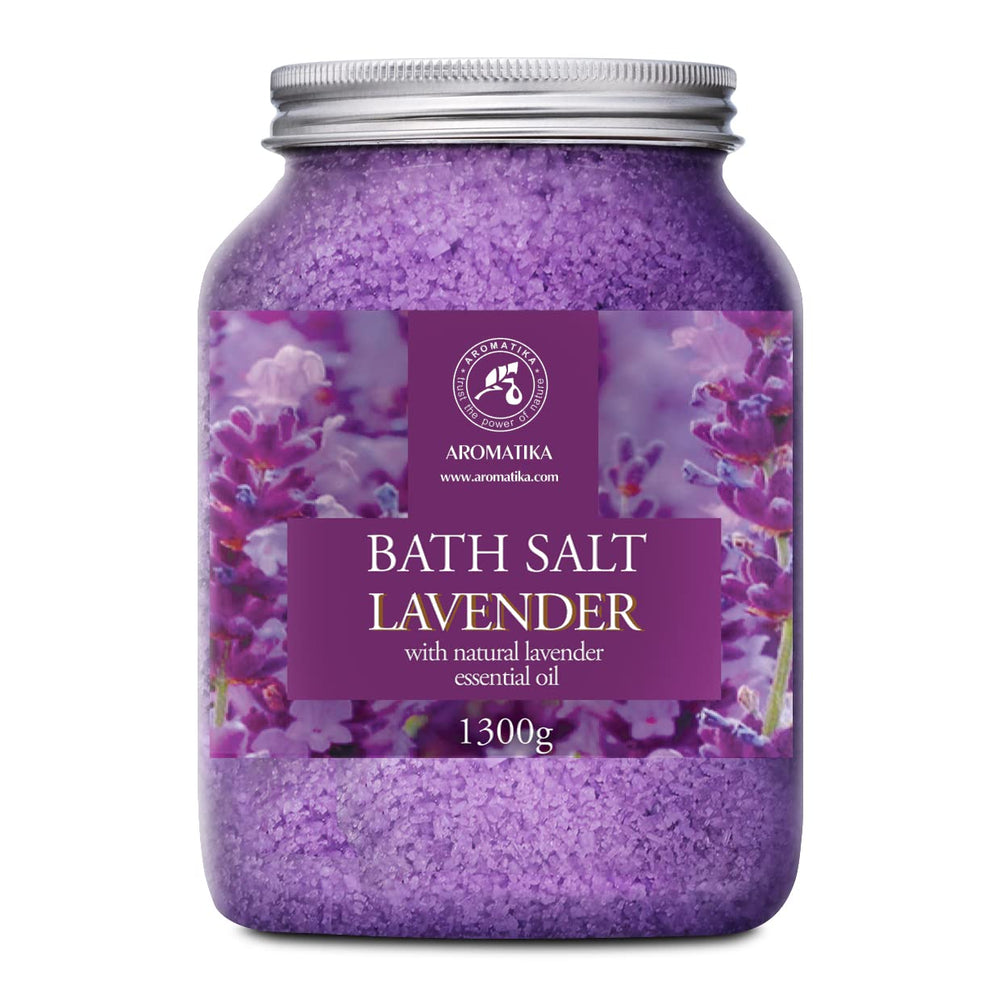 AROMATIKA sea salt lavender bath salts packaging shows premium lavender scent for relaxation.