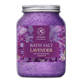 AROMATIKA sea salt lavender bath salts packaging shows premium lavender scent for relaxation.
