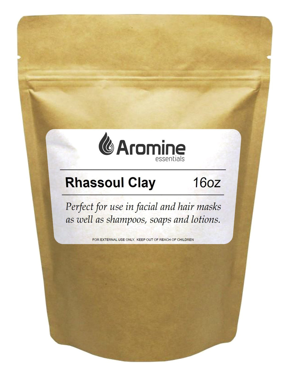 Aromine Rhassoul clay powder 16oz package for nourishing skin and cleansing hair.