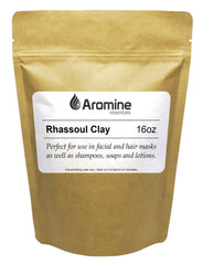 Aromine Rhassoul clay powder 16oz package for nourishing skin and cleansing hair.