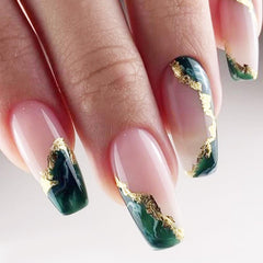 AROVFAM dark green press-on nails with marble glitter for stylish everyday wear.