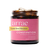 Arrae Constipation Relief Capsules bottle closeup highlighting a gentle, non-stimulant approach to regularity.