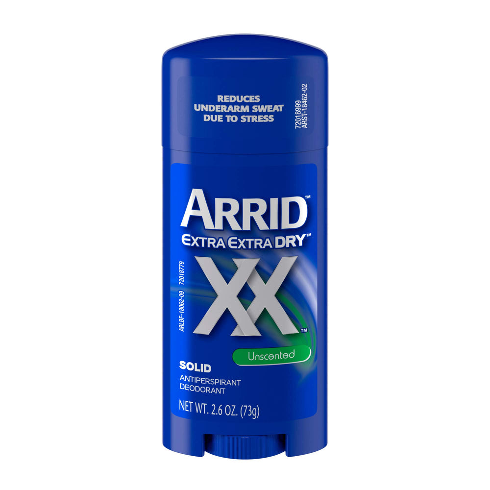Arrid XX antiperspirant stick unscented 2.7oz; long-lasting all-day protection.
