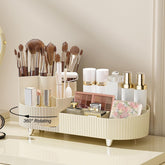 Artcochan makeup rotating organizer keeps cosmetics within easy reach on a tidy vanity.