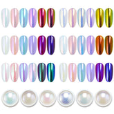 Artdone chrome powder white pearl on UV gel nails for pearlescent shimmer