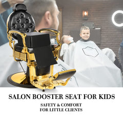 Artist hand children's leather cushion oversize barber seat black in-use—soft-supporting posture during haircuts