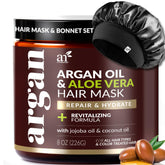 Artnaturals hair mask and silk bonnet set packaging closeup for overnight nourishment.