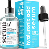 ArtNaturals Hyaluronic Acid Serum bottle closeup showing hydrating formula for smoother skin.