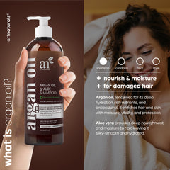 Label closeup of Artnaturals Moroccan Argan Oil Shampoo highlighting natural ingredients