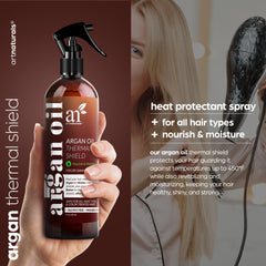 Artnaturals Thermal Hair Protector mist being dispensed to shield hair during styling.
