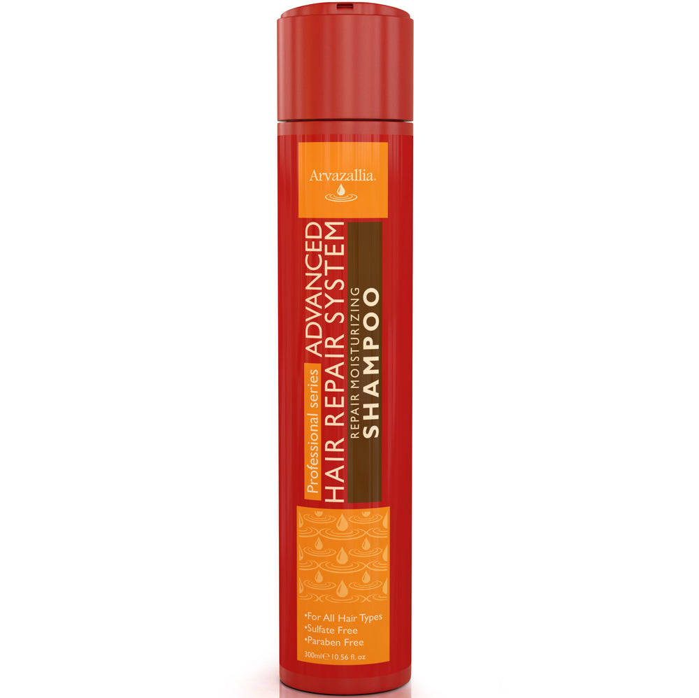 Arvazallia Advanced Hair Repair Shampoo bottle highlights moisture restoration for damaged hair.