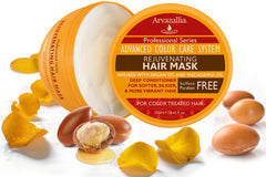 Arvazallia Rejuvenating Hair Mask ingredients panel emphasizes argan oil and macadamia oil.