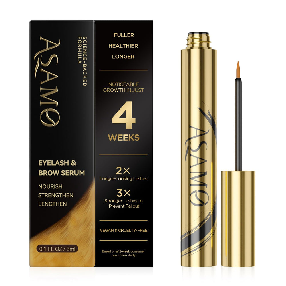 ASAMO growth serum bottle front view on PURE GOLD packaging.