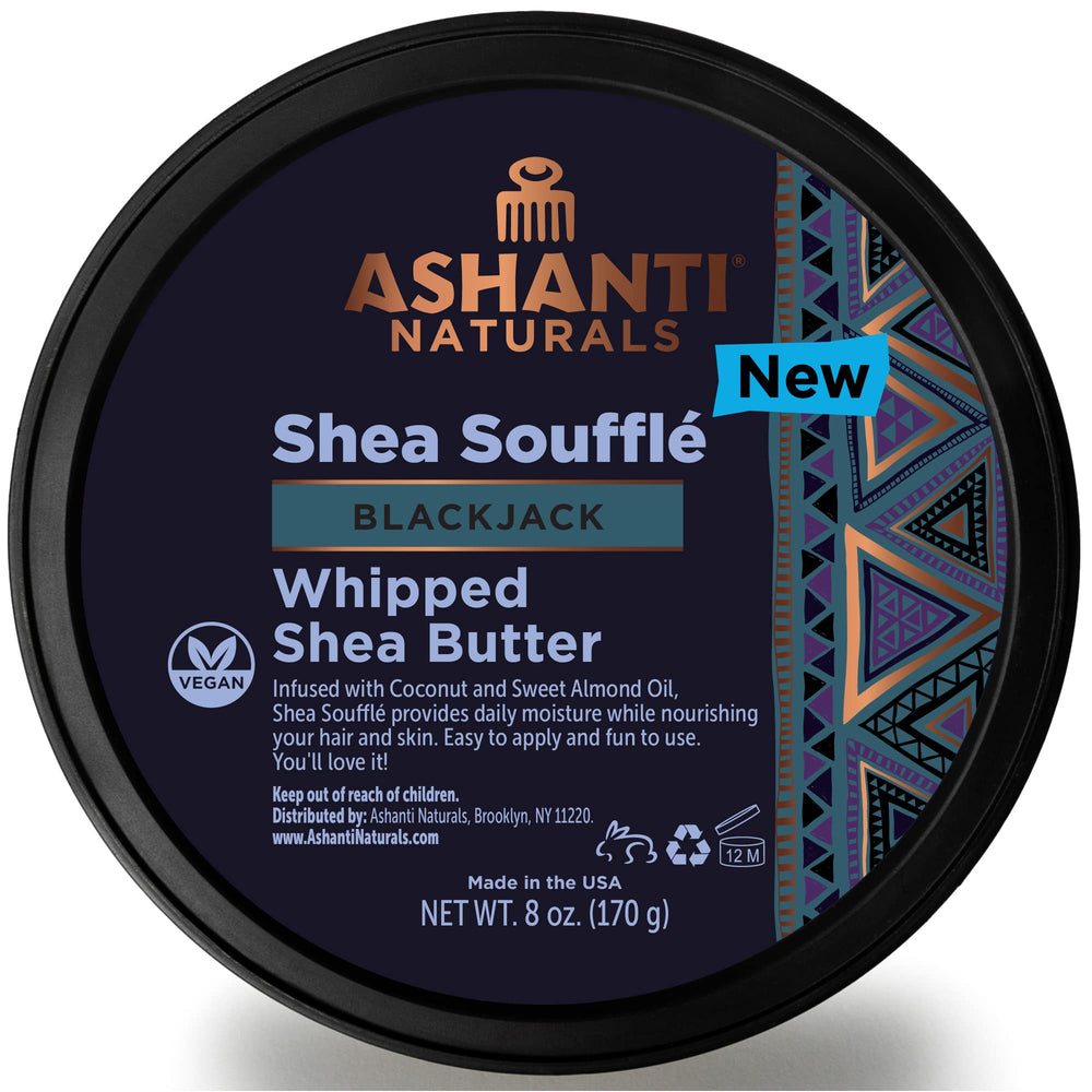 Ashanti Naturals Blackjack Souffle bottle closeup showcases creamy body moisturizer for daily skin care.