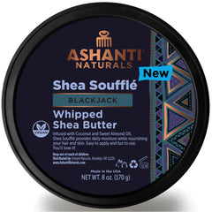 Ashanti Naturals Blackjack Souffle bottle closeup showcases creamy body moisturizer for daily skin care.
