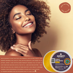 Ashanti Naturals Yellow Raw Shea Butter container on shelf, natural nourishment for body and hair.