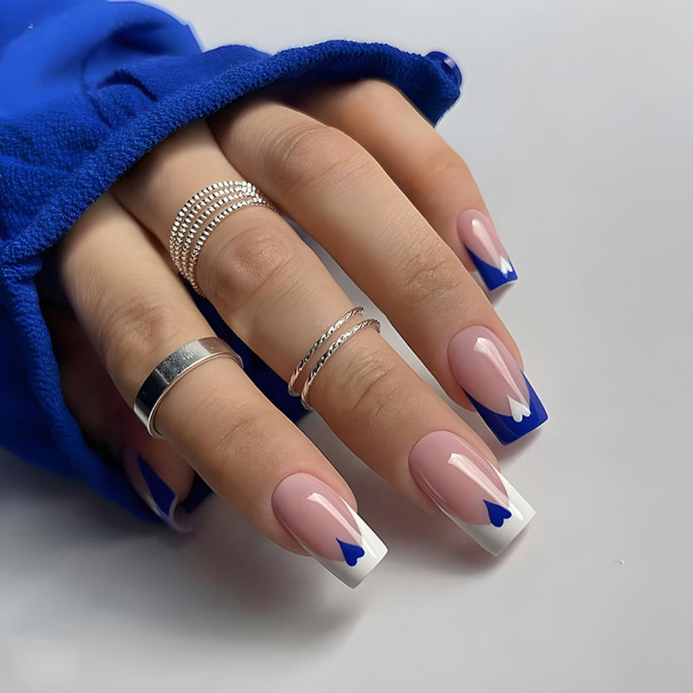 ASONRL press-on nails in blue and white hearts for quick chic manicures