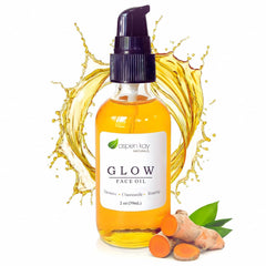 Aspen Kay Naturals Glow turmeric-rosehip face oil bottle highlights nourishing botanical blend for radiant skin.