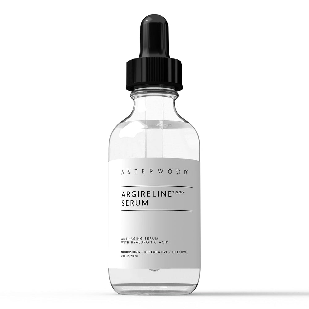 Asterwood Argireline Serum bottle on a clean surface showing fragrance-free formula.