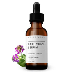 Asterwood Bakuchiol Serum face bottle shows fragrance-free, gentle anti-aging care.
