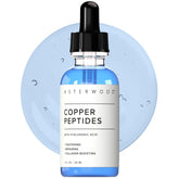 Asterwood copper peptides serum bottle closeup showcasing premium anti-aging care