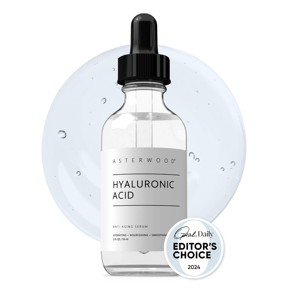 Asterwood Hyaluronic Acid Serum bottle pump demonstrates easy application for hydrating skin