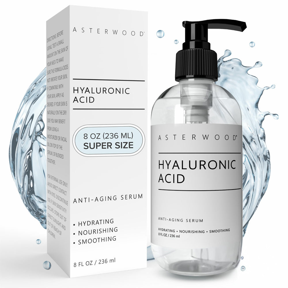 Asterwood Hyaluronic Serum bottle on a clean surface promotes daily hydration.